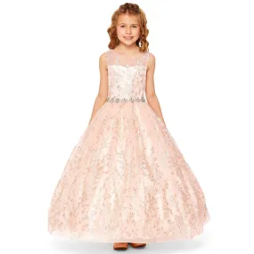 Girls Rose Gold Glitter Embroidered Rhinestone Belt Ball Gown Size 6