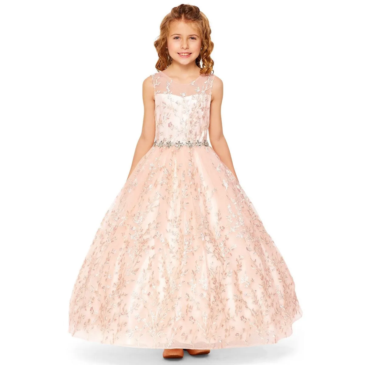 Girls Rose Gold Glitter Embroidered Rhinestone Belt Ball Gown Size 6