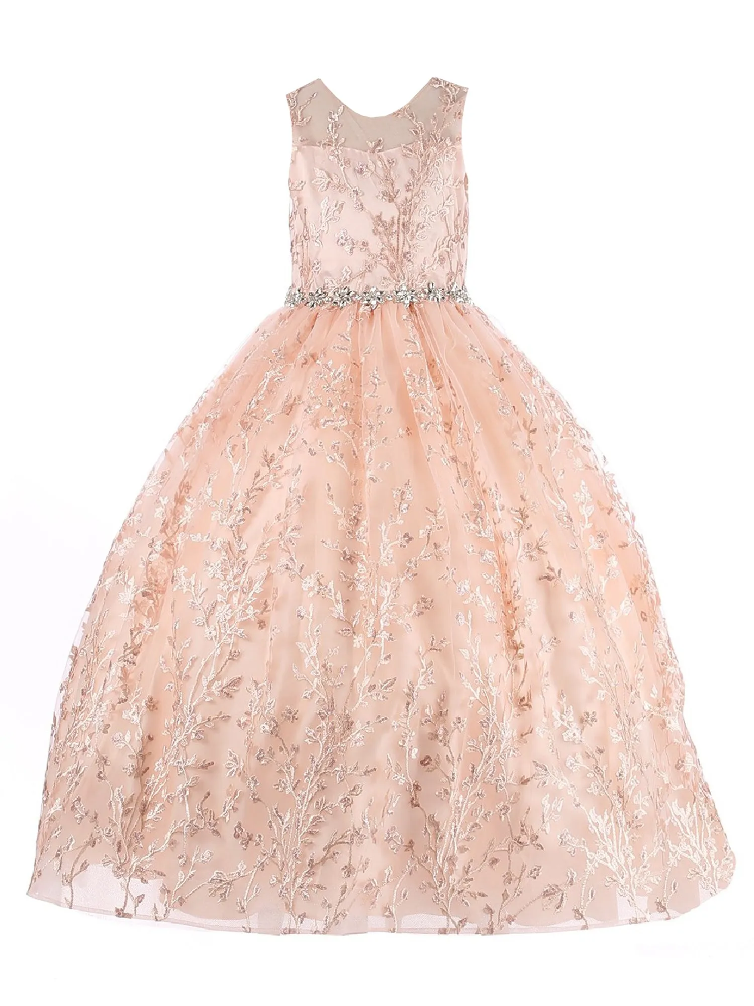 Girls Rose Gold Glitter Embroidered Rhinestone Belt Ball Gown Size 6