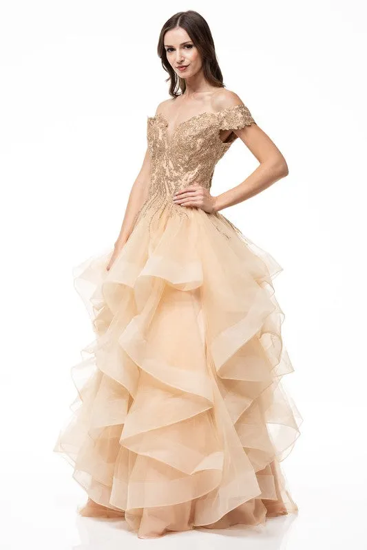 Gold Sweetheart Off-Shoulder Embroidered Tulle Evening Dress