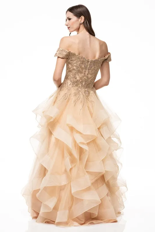 Gold Sweetheart Off-Shoulder Embroidered Tulle Evening Dress