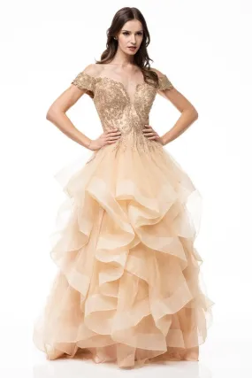 Gold Sweetheart Off-Shoulder Embroidered Tulle Evening Dress