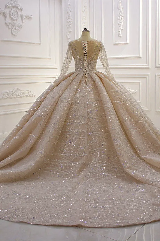 Gorgeous Long Ball Gown Bateau Crystal Wedding Dress with Sleeves