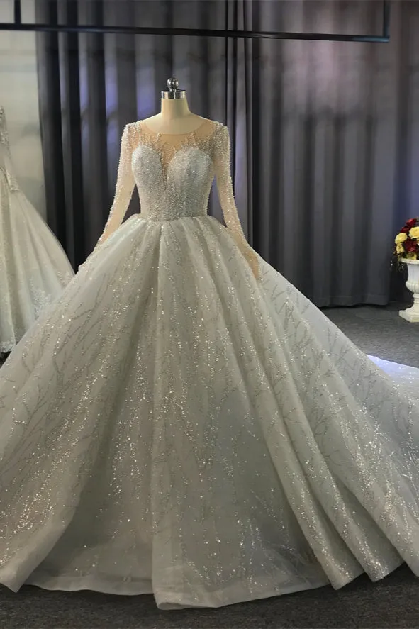 Gorgeous Long Ball Gown Bateau Crystal Wedding Dress with Sleeves