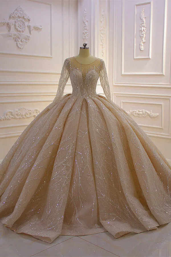 Gorgeous Long Ball Gown Bateau Crystal Wedding Dress with Sleeves