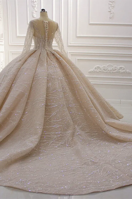 Gorgeous Long Ball Gown Bateau Crystal Wedding Dress with Sleeves