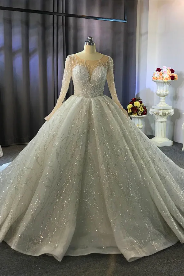 Gorgeous Long Ball Gown Bateau Crystal Wedding Dress with Sleeves