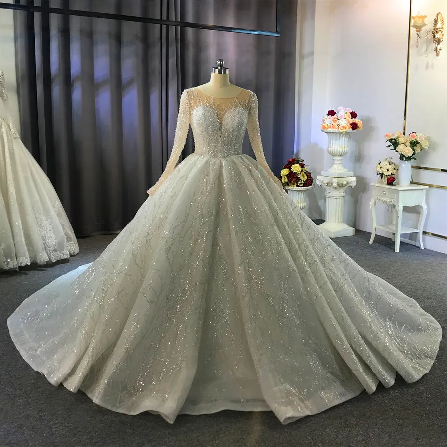 Gorgeous Long Ball Gown Bateau Crystal Wedding Dress with Sleeves