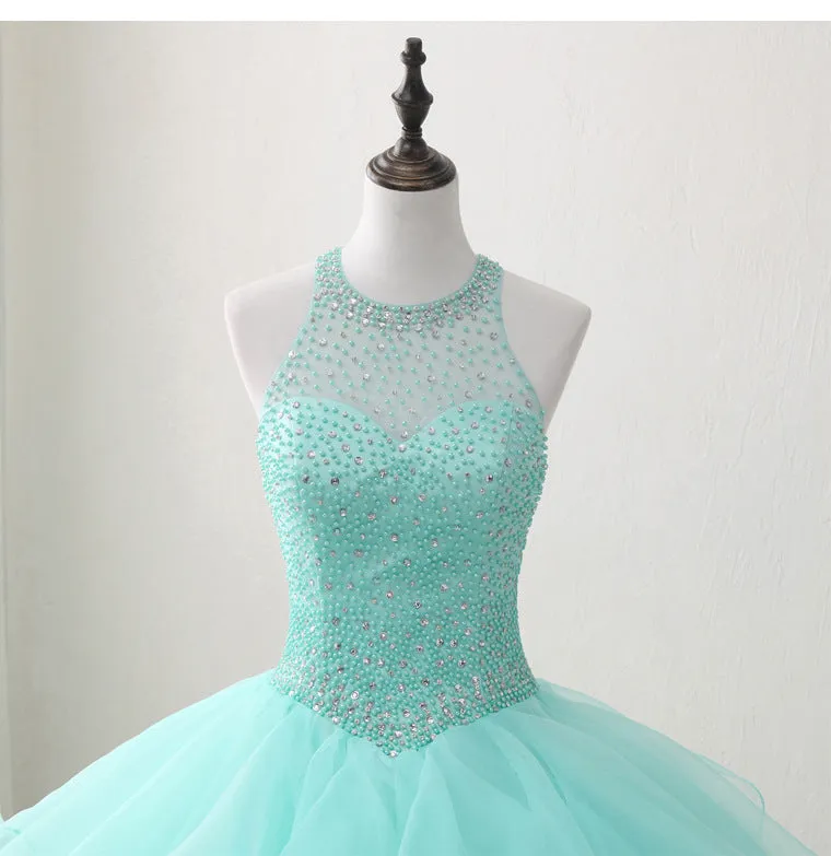 Halter Neck Open Back Mint Quinceanera Dresses Mexican Ball Gown Prom Dress #21011217