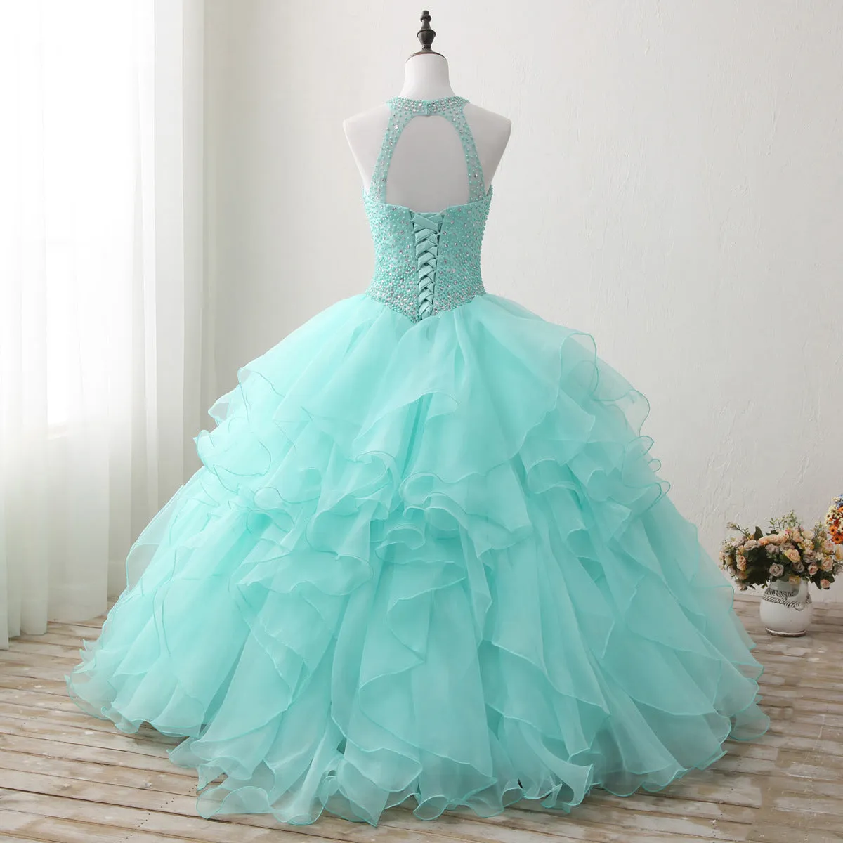 Halter Neck Open Back Mint Quinceanera Dresses Mexican Ball Gown Prom Dress #21011217