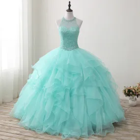 Halter Neck Open Back Mint Quinceanera Dresses Mexican Ball Gown Prom Dress #21011217