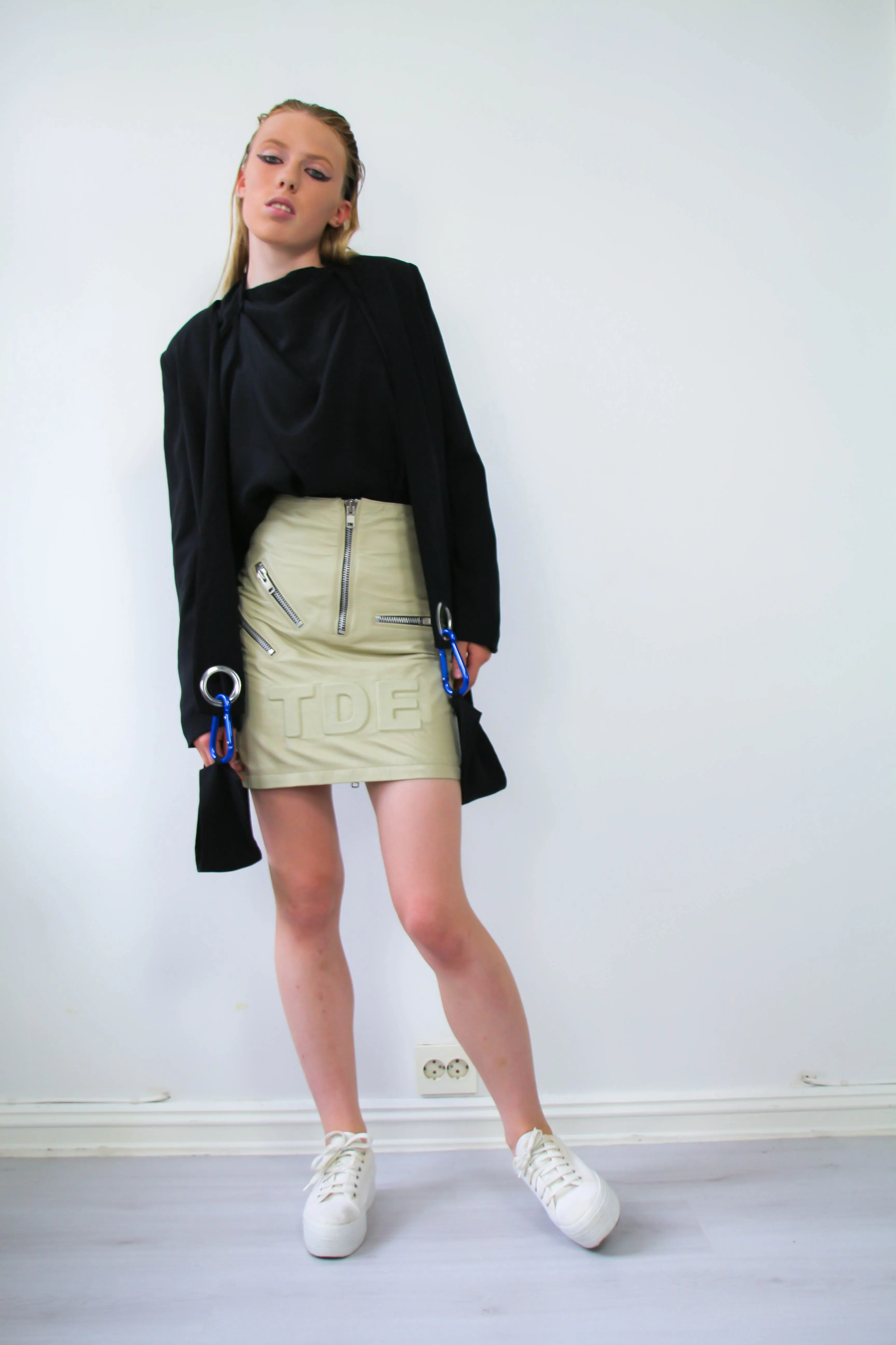 High waist leather skirt with embossed TDE logo