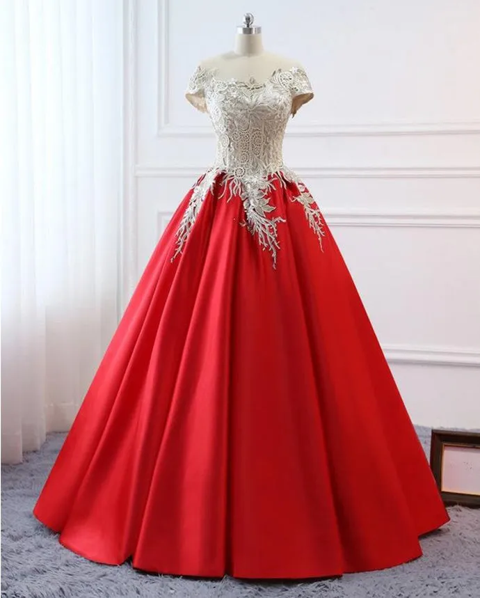 kamahe Modest Red Cap Sleeves Ball Gowns Lace Satin Prom Dresses Evening Dresses