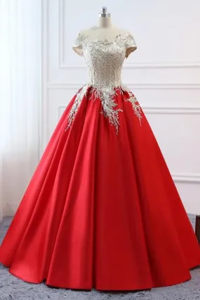 kamahe Modest Red Cap Sleeves Ball Gowns Lace Satin Prom Dresses Evening Dresses