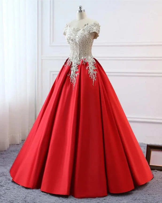 kamahe Modest Red Cap Sleeves Ball Gowns Lace Satin Prom Dresses Evening Dresses