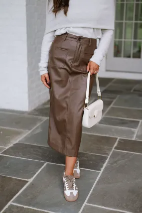 Lane Leather Midi Skirt-Brown