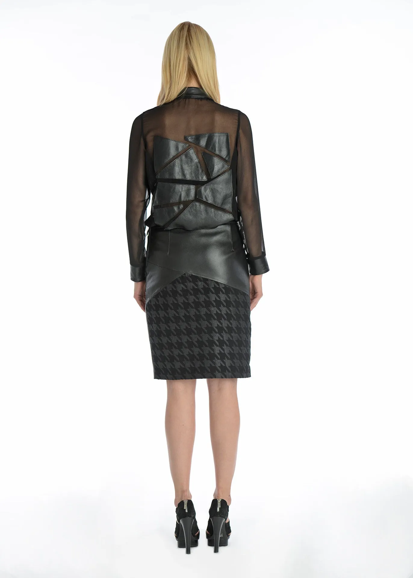 Leather & houndstooth skirt w/ asymmetrical hem