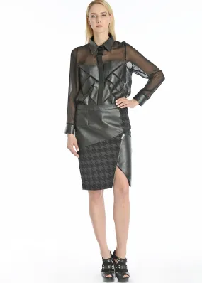 Leather & houndstooth skirt w/ asymmetrical hem