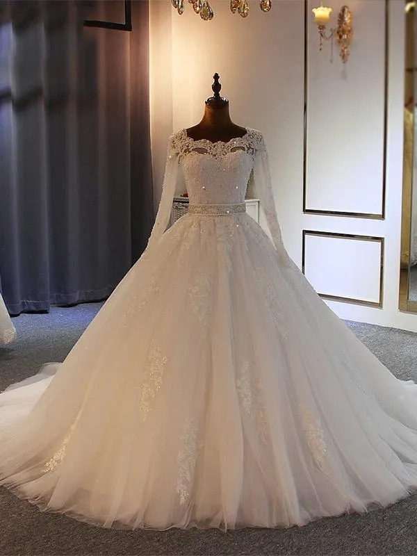 Long Ball Gown Sweetheart Tulle Lace Wedding Dresses with Sleeves