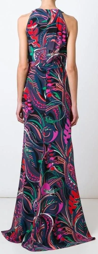 Long Printed Halter Jersey Silk Dress