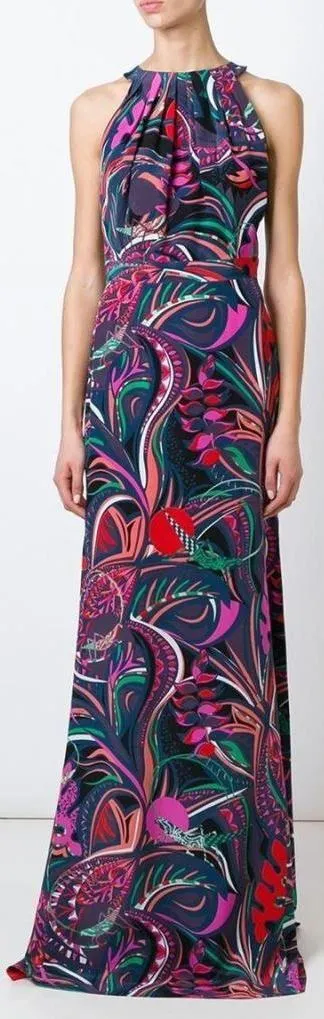 Long Printed Halter Jersey Silk Dress