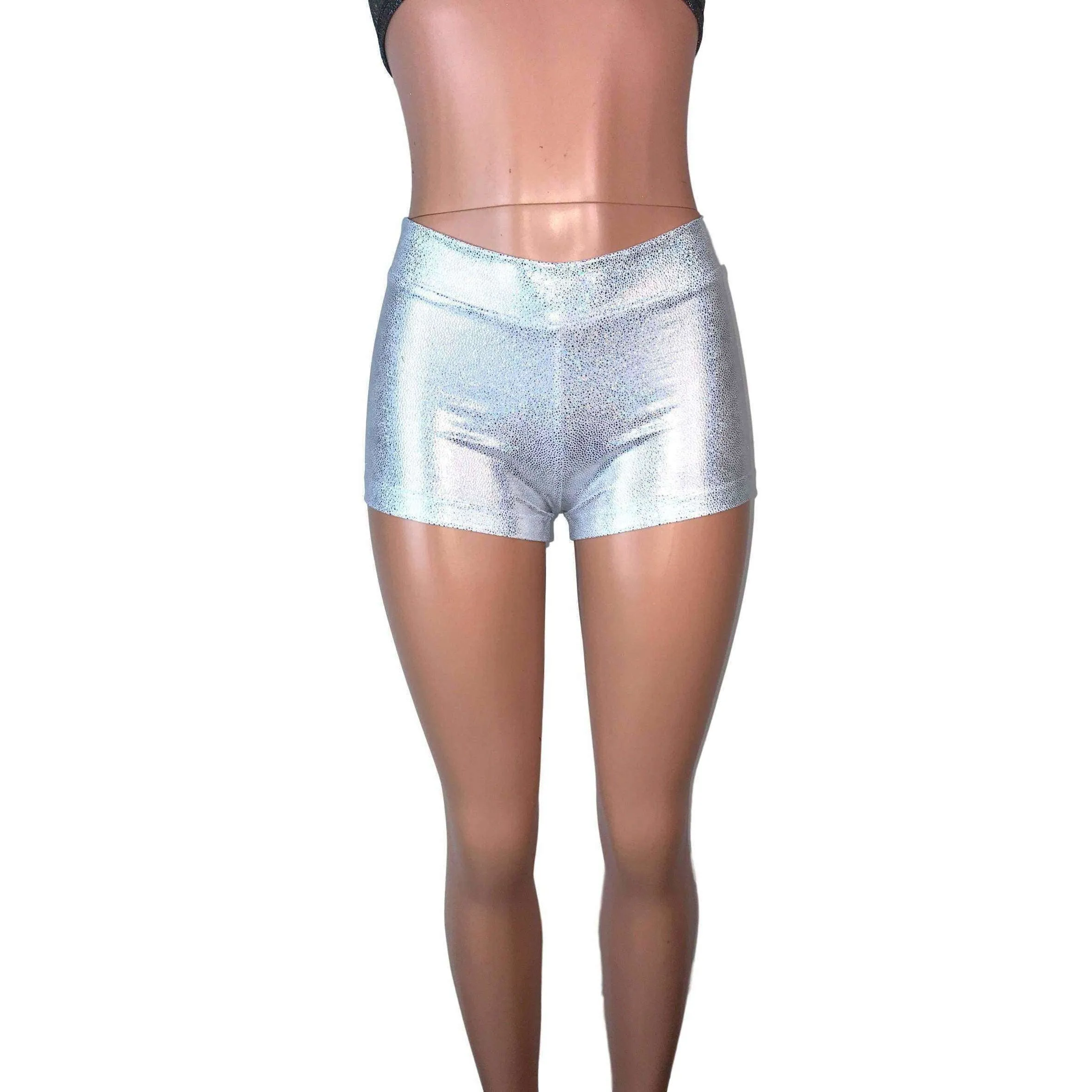 Low Rise Booty Shorts - Silver Holographic