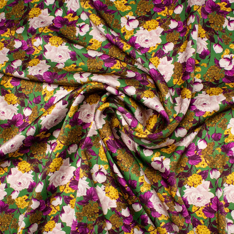 Magenta & Yellow Floral on Deep Green Double Silk Satin Crêpe