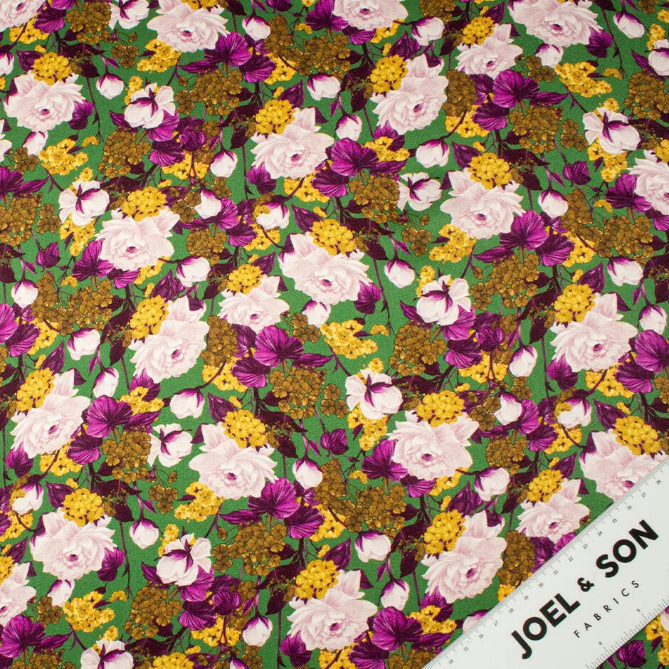 Magenta & Yellow Floral on Deep Green Double Silk Satin Crêpe