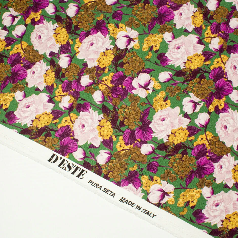 Magenta & Yellow Floral on Deep Green Double Silk Satin Crêpe