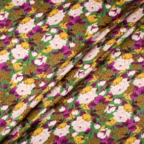 Magenta & Yellow Floral on Deep Green Double Silk Satin Crêpe