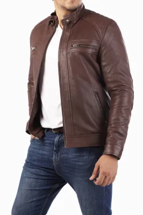 Men's Casual Signature Diamond Lambskin Leather Jacket-Brown