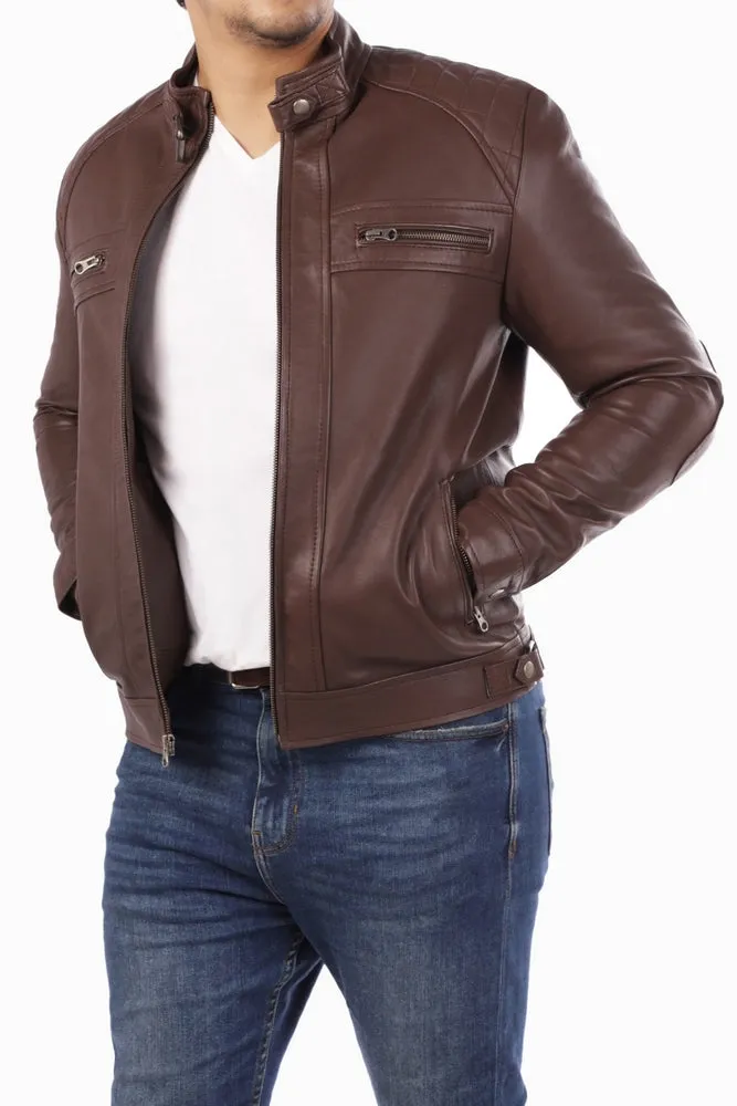 Men's Casual Signature Diamond Lambskin Leather Jacket-Brown