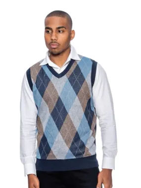 Men's Grey-Blue V-Neck Argyle Sweater Vest Knitwear Sleeveless Pullover STYLE-9908