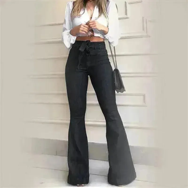 Micro elastic lace-up flared leg pants Women Wide Leg Denim Jeans High rise Wide leg Pants Trouser for Women