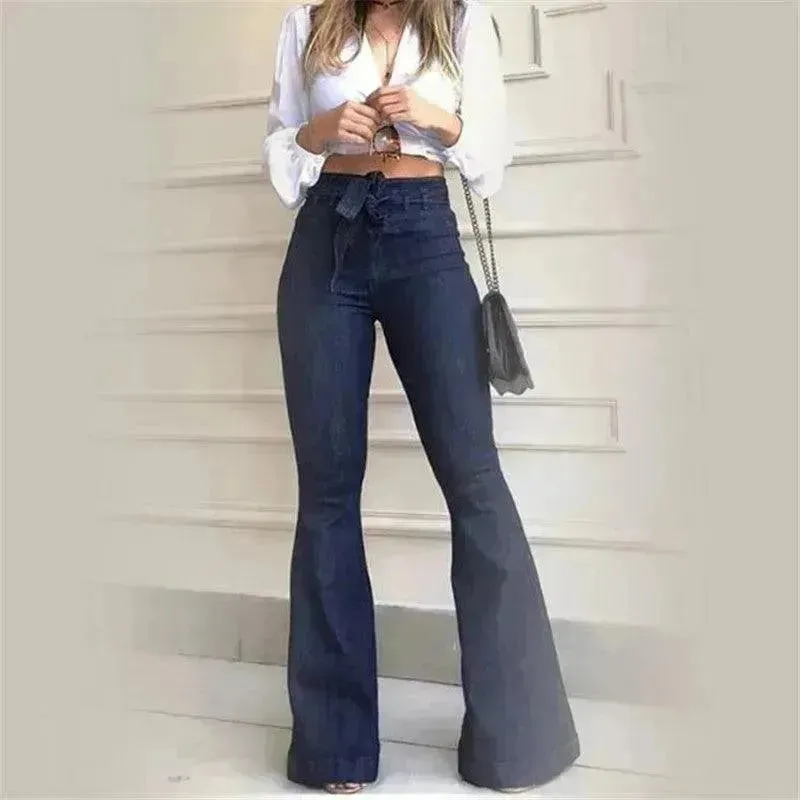 Micro elastic lace-up flared leg pants Women Wide Leg Denim Jeans High rise Wide leg Pants Trouser for Women