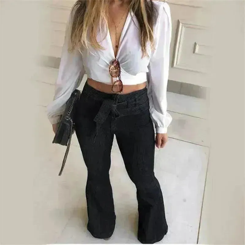 Micro elastic lace-up flared leg pants Women Wide Leg Denim Jeans High rise Wide leg Pants Trouser for Women