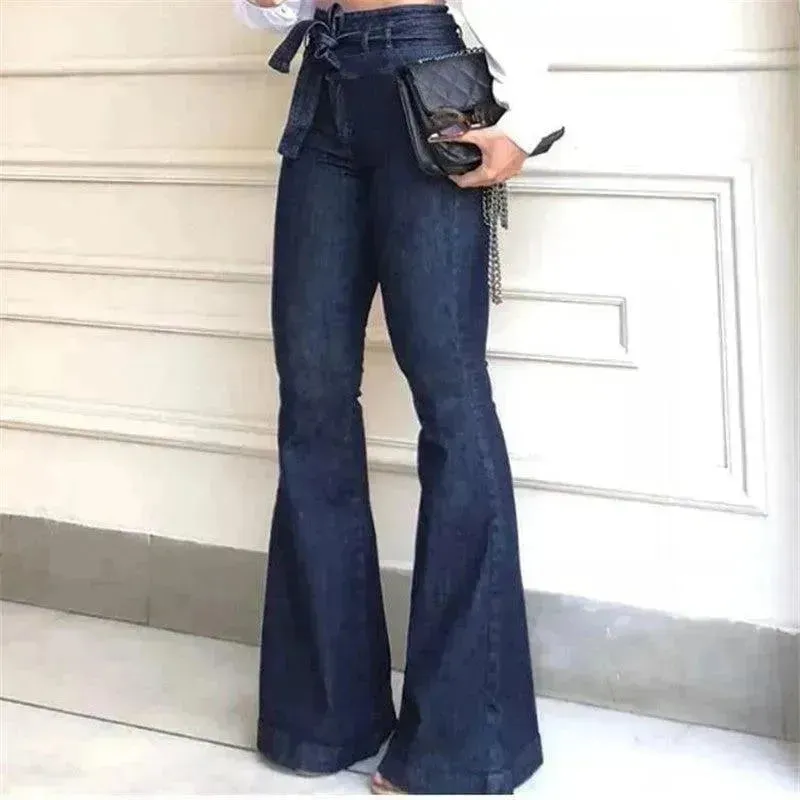 Micro elastic lace-up flared leg pants Women Wide Leg Denim Jeans High rise Wide leg Pants Trouser for Women