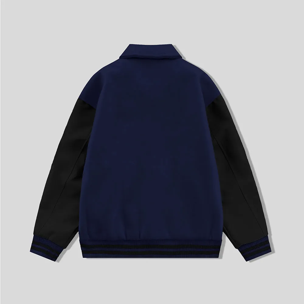 Navy Blue Byron Collar Varsity Jacket with Black Sleeves - Jack N Hoods