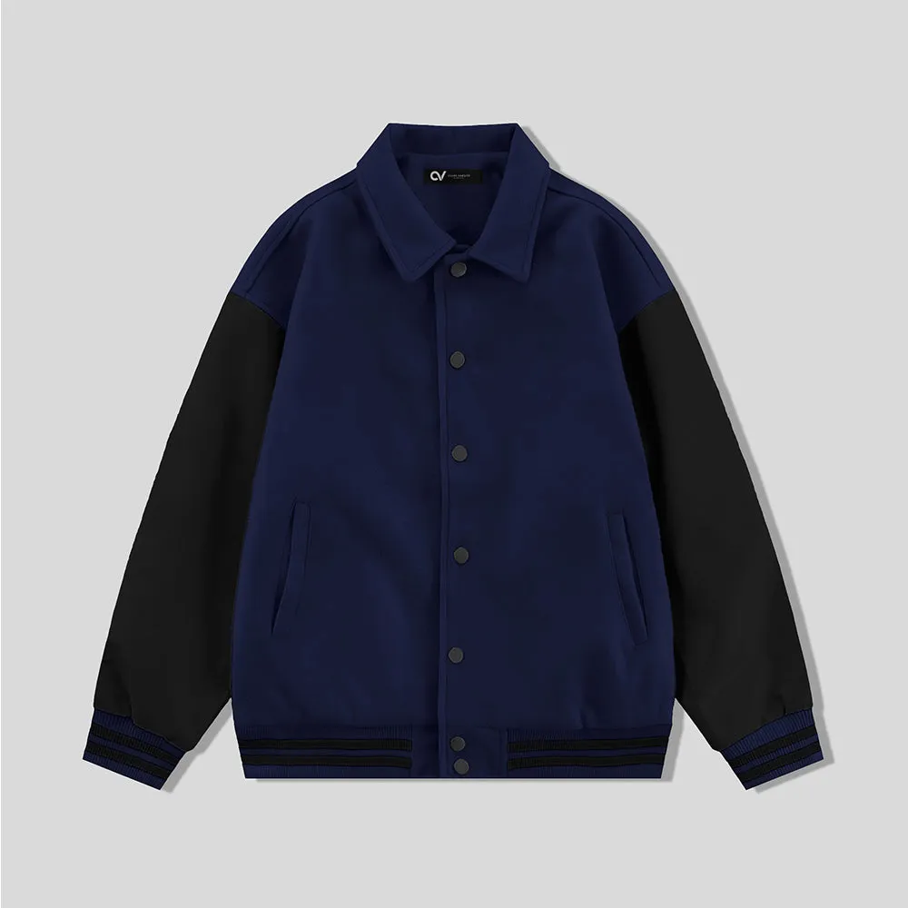 Navy Blue Byron Collar Varsity Jacket with Black Sleeves - Jack N Hoods