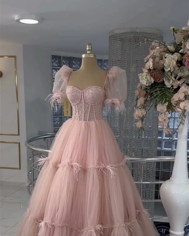 Pink Tiered Tulle Ball Gown Puffy Sleeves Dress A-Line Princess Prom Dresses