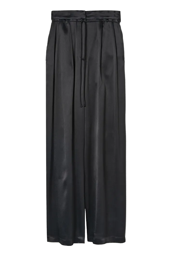 Pleated Satin Wide Leg Pants | Black