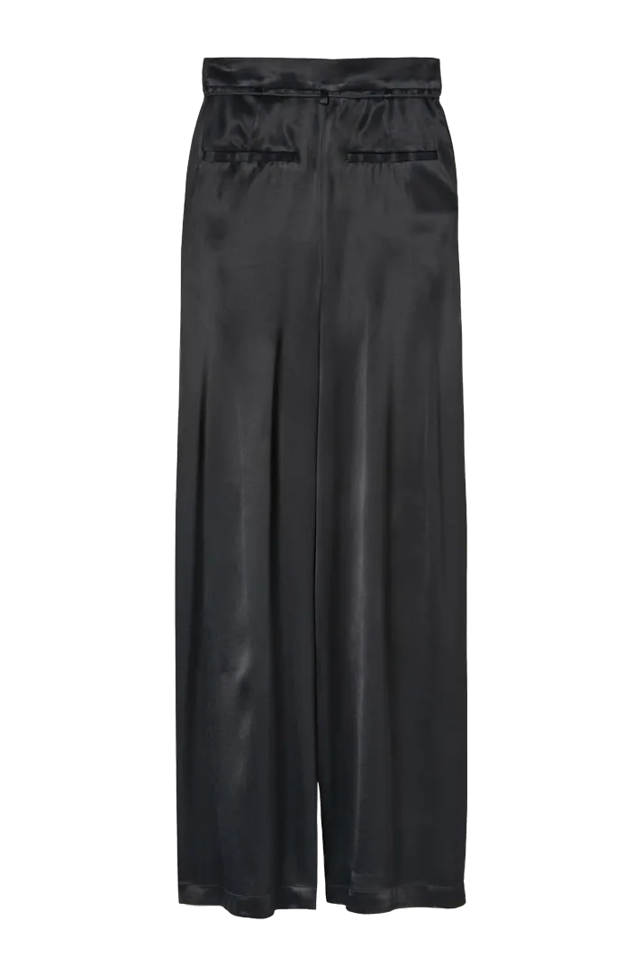 Pleated Satin Wide Leg Pants | Black