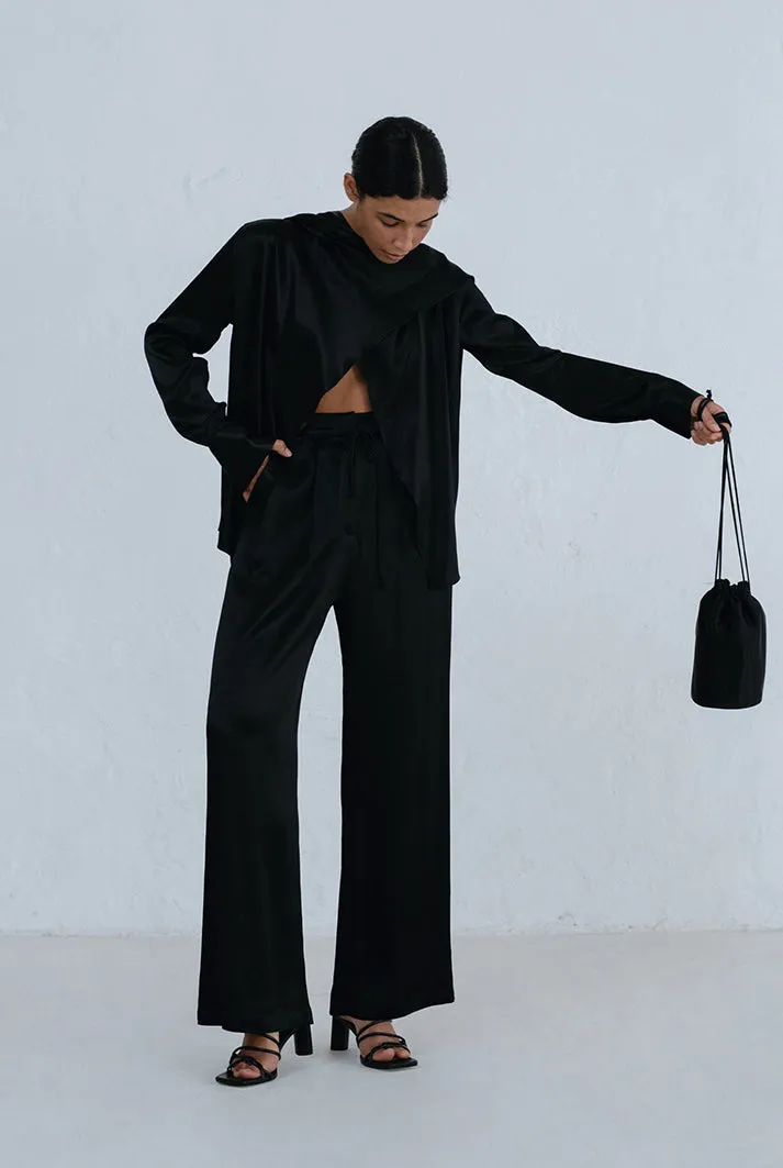 Pleated Satin Wide Leg Pants | Black