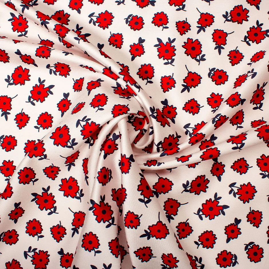 Red & Blue Floral Printed White Silk Twill