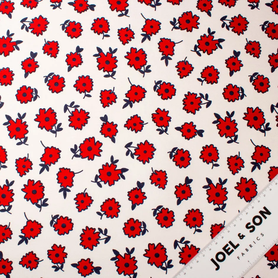 Red & Blue Floral Printed White Silk Twill