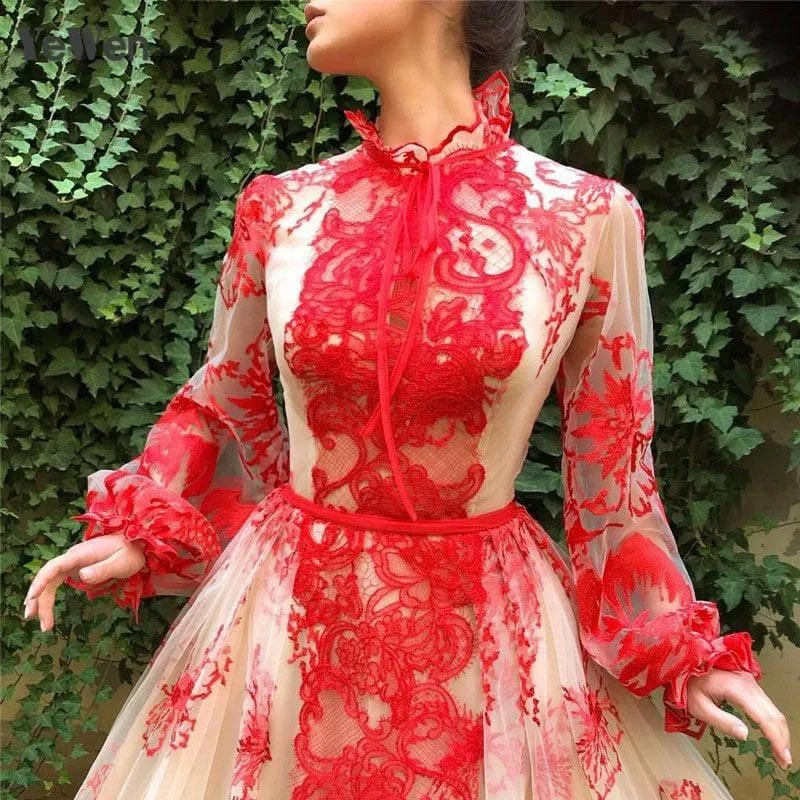 Red High Collar Long Sleeves Handmade Flowers Evening Ball Prom Gown Floral Dress