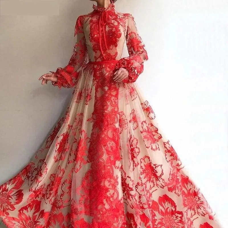 Red High Collar Long Sleeves Handmade Flowers Evening Ball Prom Gown Floral Dress