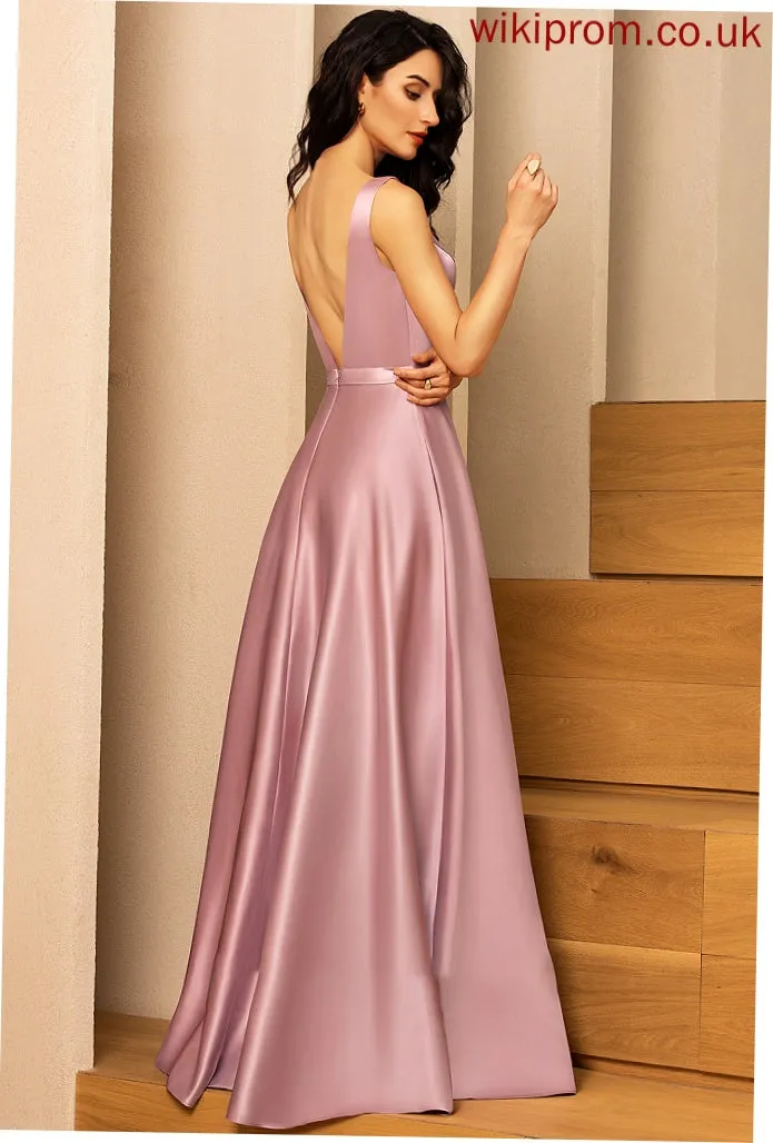 Satin V-neck Floor-Length Ball-Gown/Princess Prom Dresses With Ida Pockets