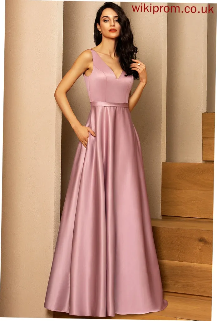 Satin V-neck Floor-Length Ball-Gown/Princess Prom Dresses With Ida Pockets