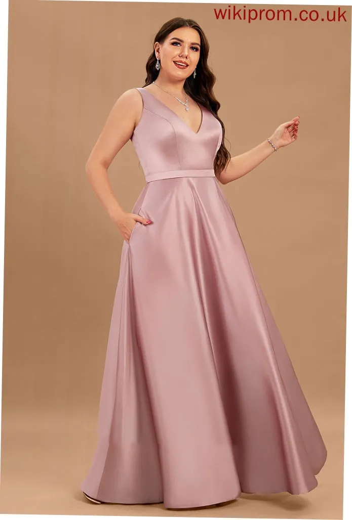 Satin V-neck Floor-Length Ball-Gown/Princess Prom Dresses With Ida Pockets